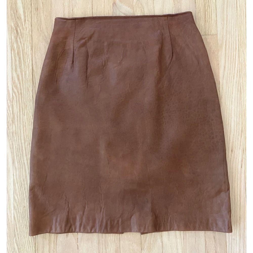 VTG Firenze Santa Barbara Genuine Leather Brown Pencil Skirt Sz 8 Scandi Minimal